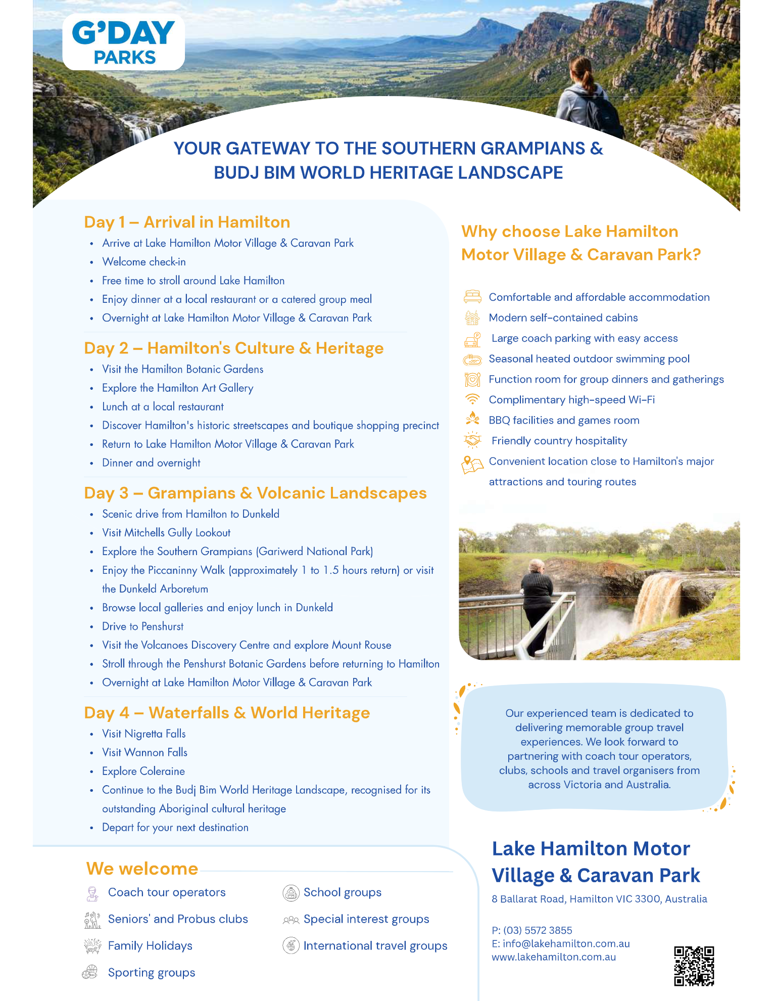 Three day Hamilton itinerary flyer for Lake Hamilton Motor Village & Caravan Park